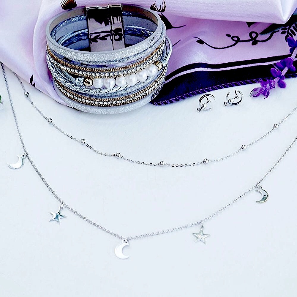 S925 Moon Star Double Layered Necklace - Picture 3 of 9